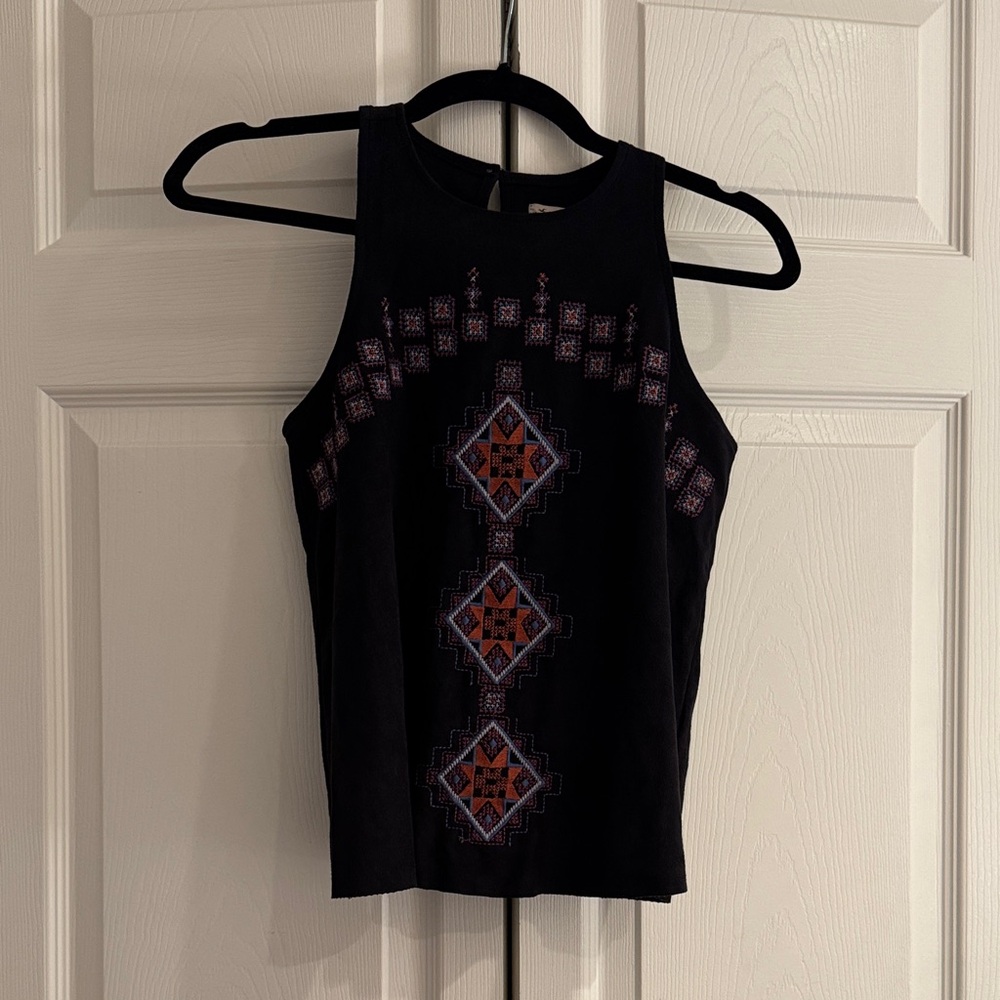 Hollister Black Tank Top with Red and Purple Geometric Design